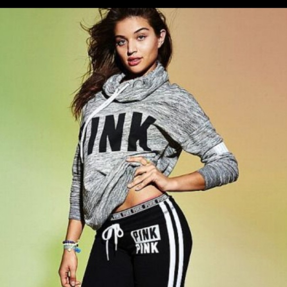 PINK Gray Heathered Funnel Cowl Neck Sweatshirt